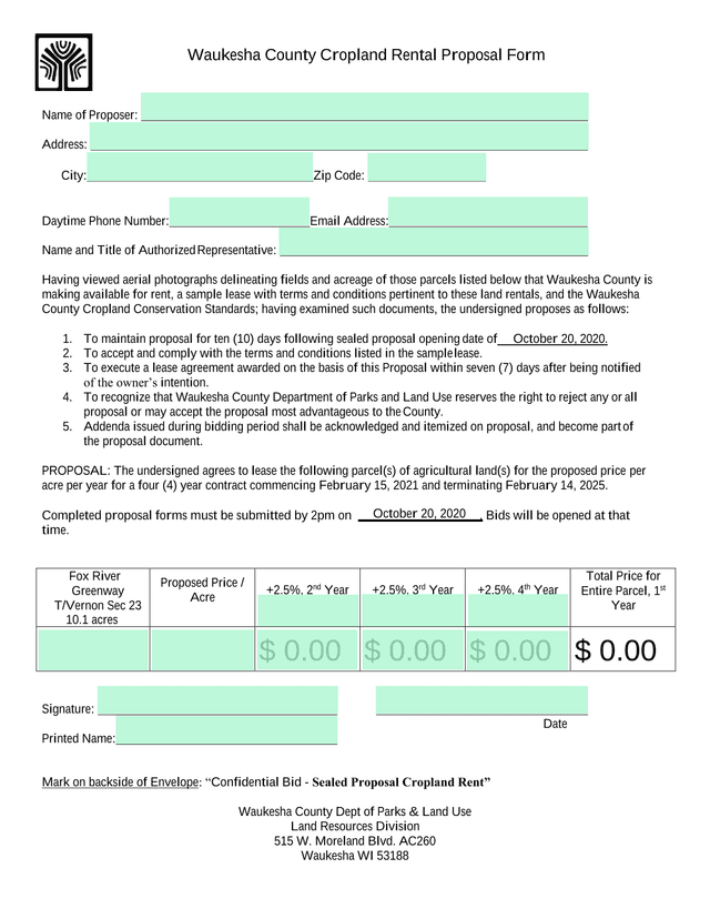 Waukesha County Cropland Rental Proposal Form screenshot