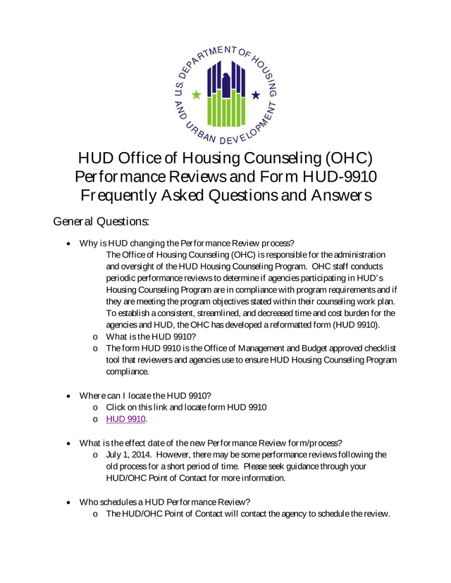 HUD Office Of Housing Counseling Performance Reviews And Form HUD 9910 Frequently Asked Questions An screenshot