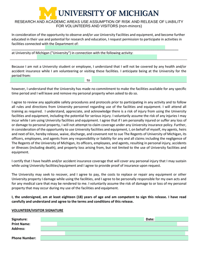 Research And Academic Areas Use Assumption Of Risk And Release Of Liability For Volunteers And Visit screenshot