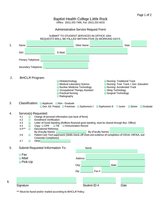 Administrative Service Request Form screenshot