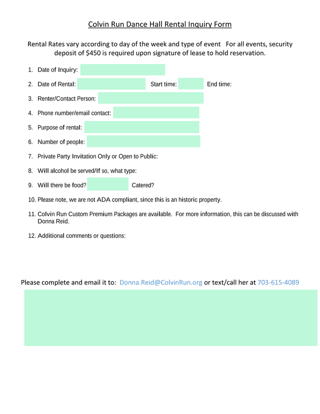 Colvin Run Dance Hall Rental Inquiry Form screenshot