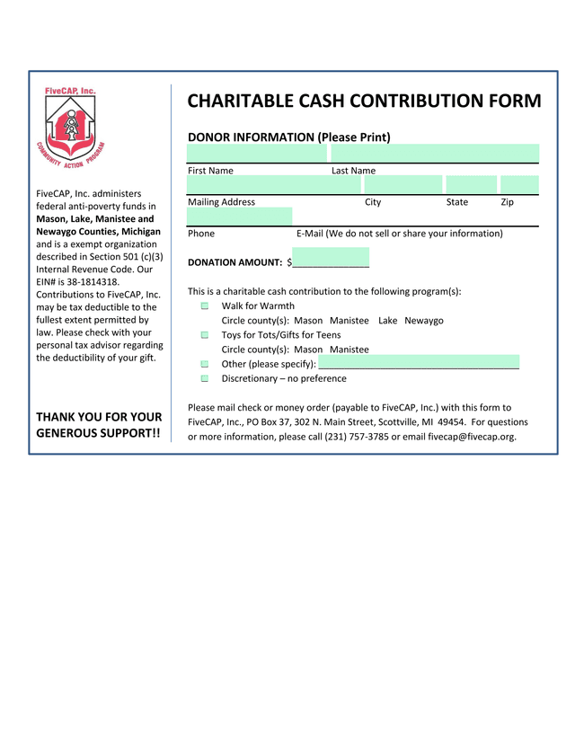 Charitable Cash Contribution Form screenshot