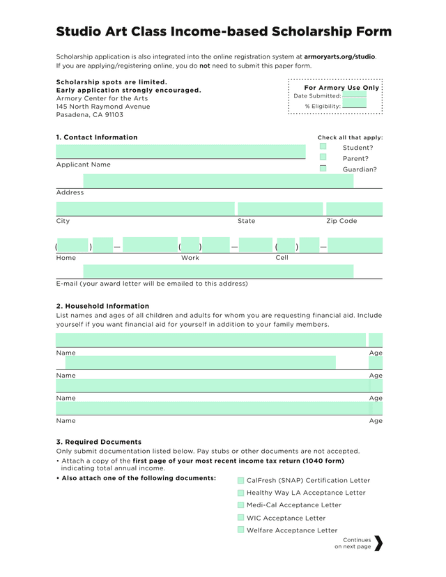 Studio Art Class Income Based Scholarship Form screenshot