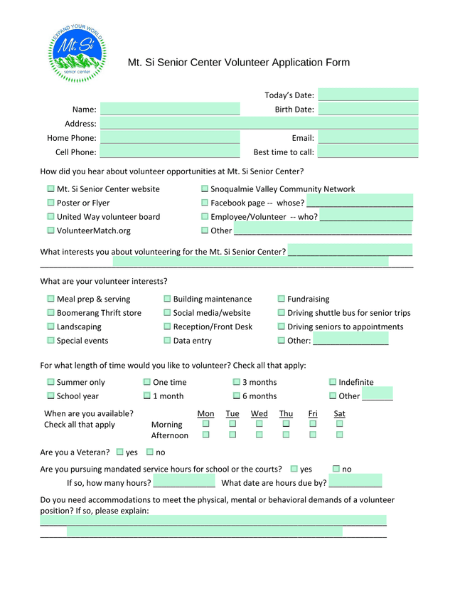 Mt. Si Senior Center Volunteer Application Form screenshot
