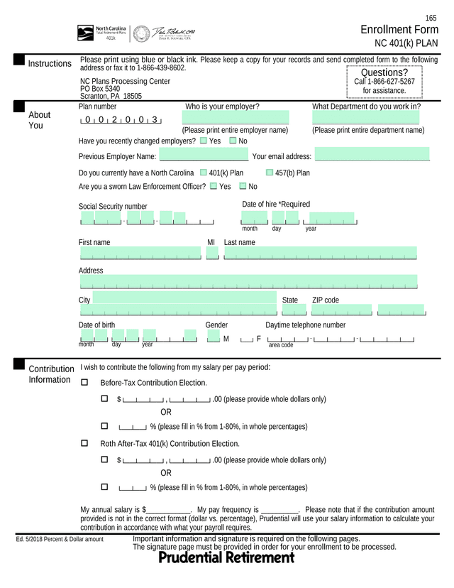 North Carolina Retirement Plan Enrollment Form screenshot