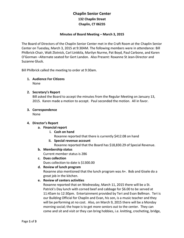 Chaplin Senior Center Board Meeting Minutes screenshot