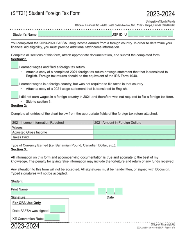 SFT21) Student Foreign Tax Form screenshot