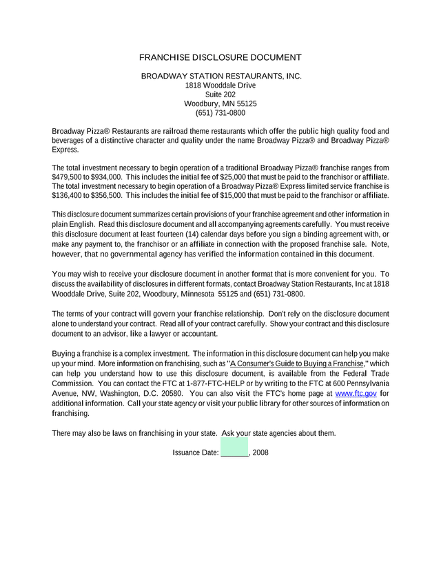 Franchise Disclosure Document screenshot