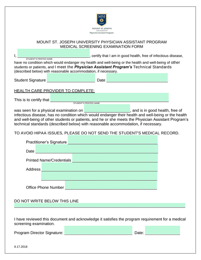 Medical Screening Examination Form screenshot