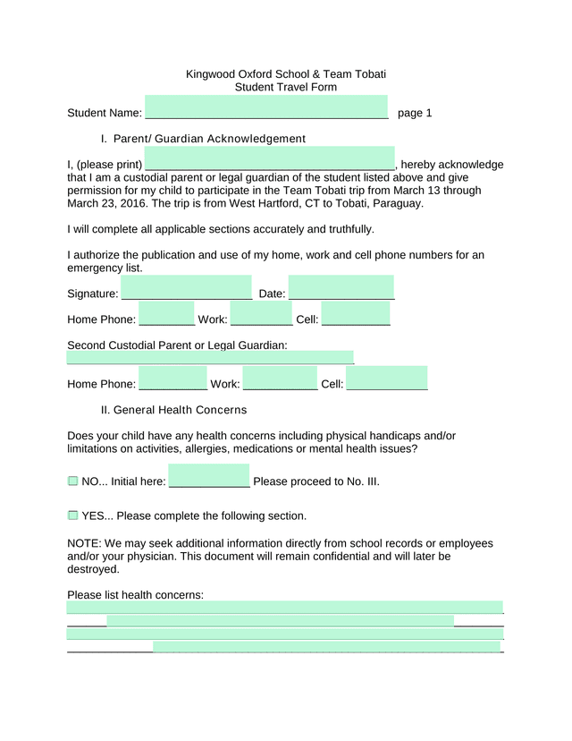 Kingwood Oxford School  Team Tobati Student Travel Form screenshot