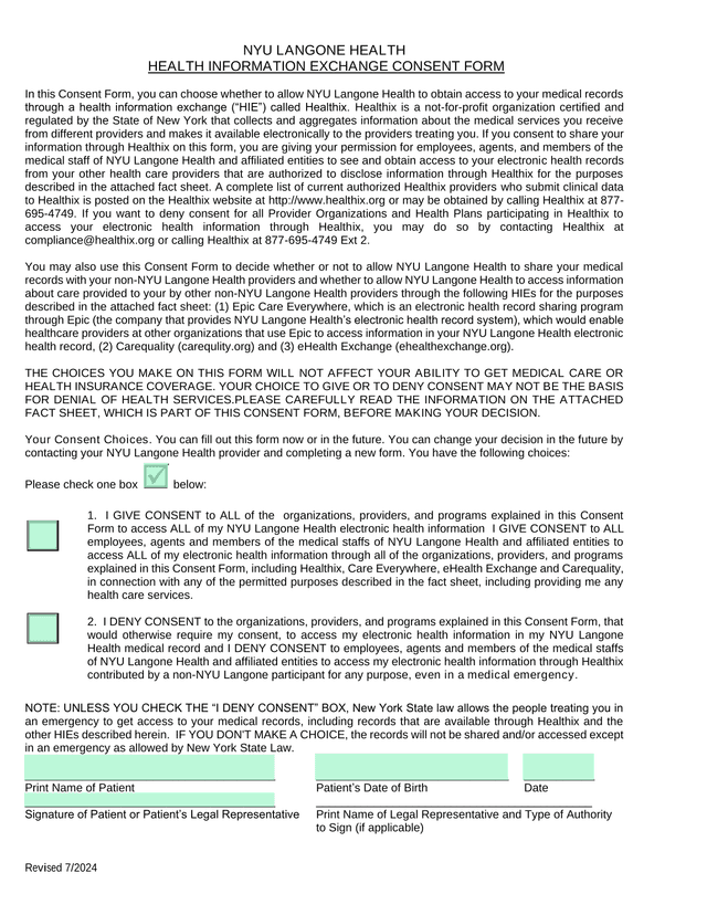 NYU Langone Health Information Exchange Consent Form screenshot