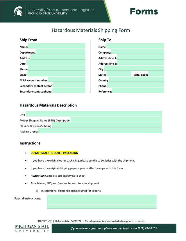 Hazardous Materials Shipping Form screenshot