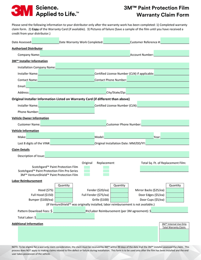 3M Paint Protection Film Warranty Claim Form screenshot