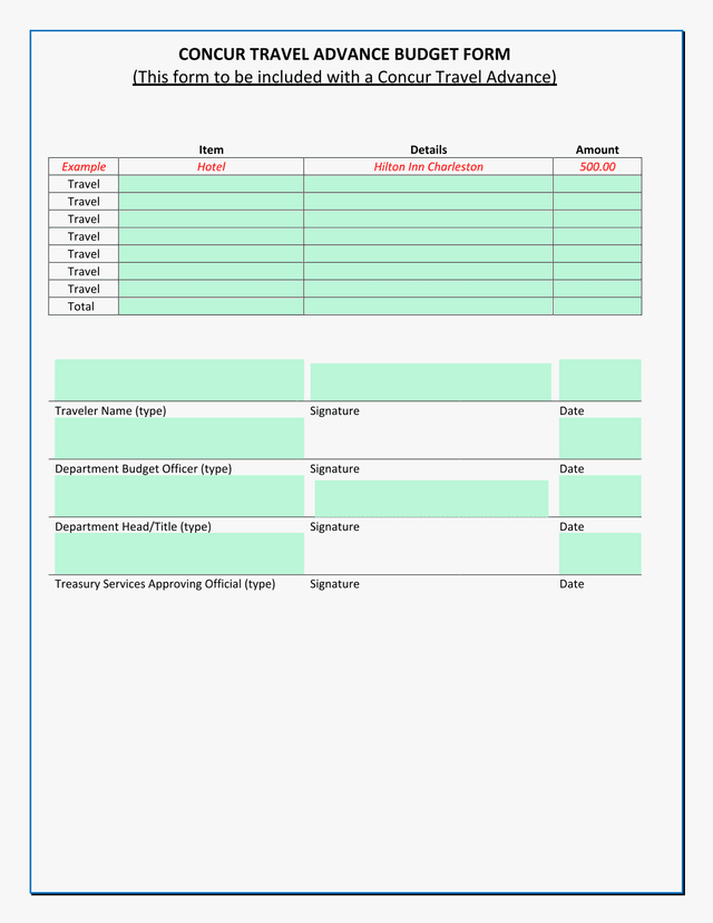 Concur Travel Advance Budget Form screenshot