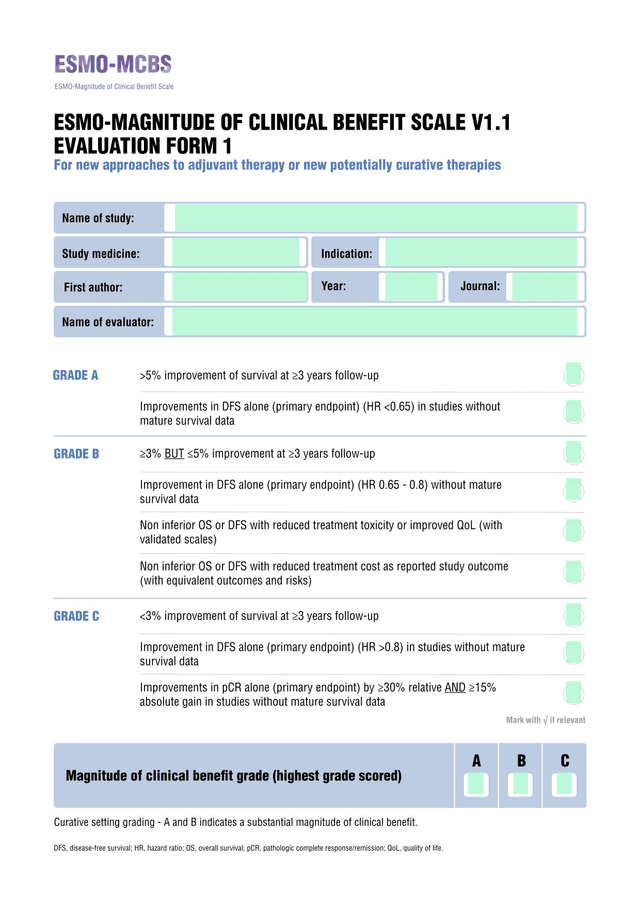 ESMO Magnitude Of Clinical Benefit Scale V1.1 Evaluation Form 1 screenshot