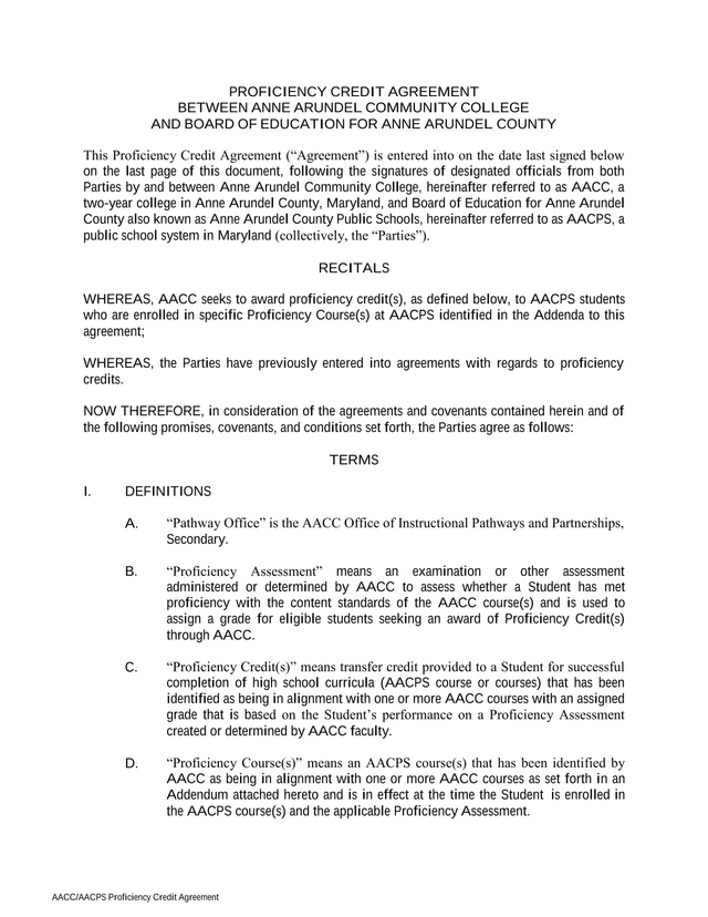 Proficiency Credit Agreement Between Anne Arundel Community College And Board Of Education For Anne  screenshot