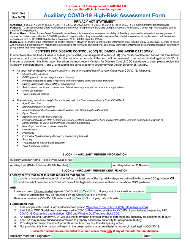 Auxiliary COVID 19 High Risk Assessment Form screenshot