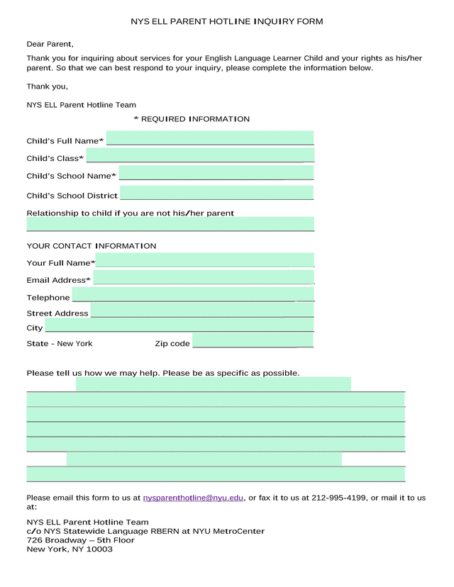 NYS ELL Parent Hotline Inquiry Form screenshot