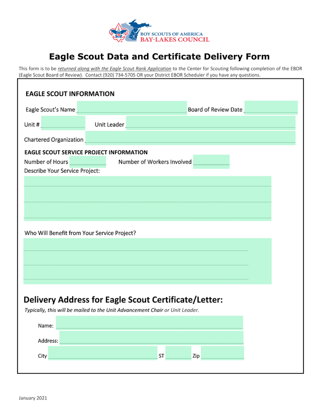 Eagle Scout Data And Certificate Delivery Form screenshot