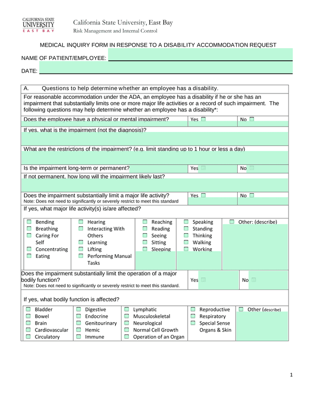 Medical Inquiry Form In Response To A Disability Accommodation Request screenshot