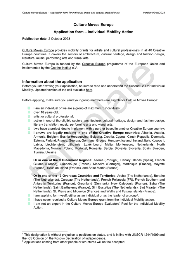 Culture Moves Europe  Application Form For Individual Artists And Cultural Professionals screenshot