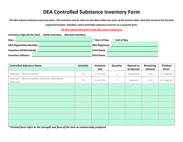 DEA Controlled Substance Inventory Form screenshot