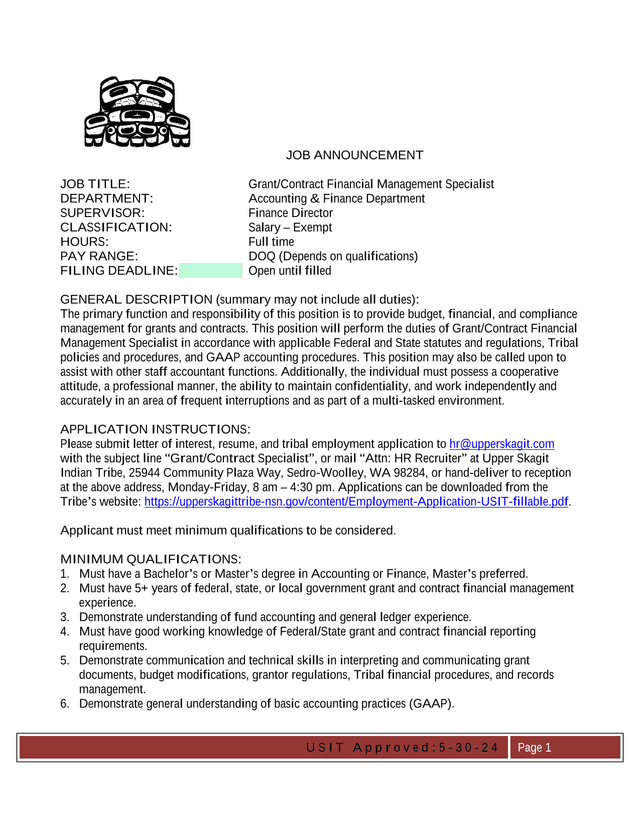 Job Announcement GrantContract Financial Management Specialist screenshot