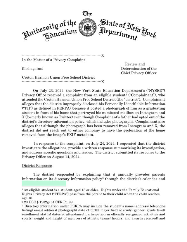 Privacy Complaint Review And Determination screenshot