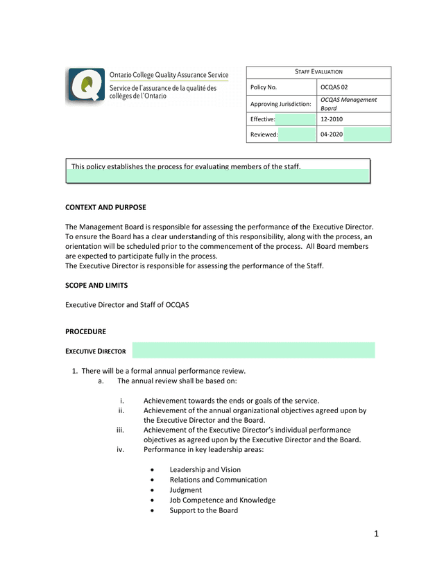Staff Evaluation Policy screenshot