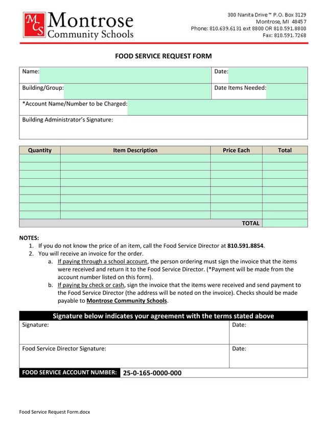 Food Service Request Form screenshot