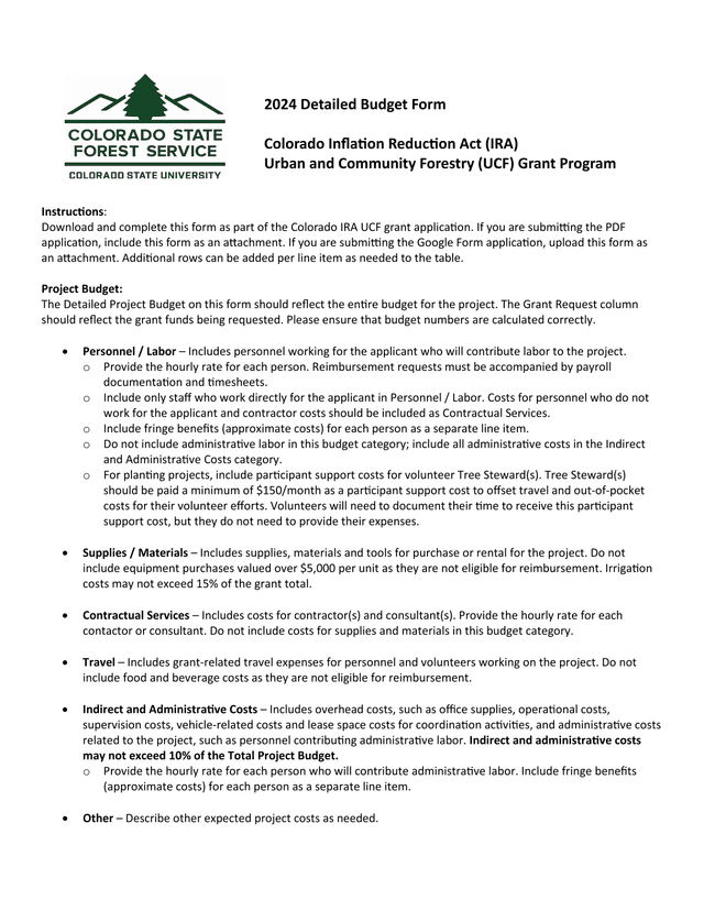 2024 Detailed Budget Form For Colorado Inflation Reduction Act Urban And Community Forestry Grant Pr screenshot