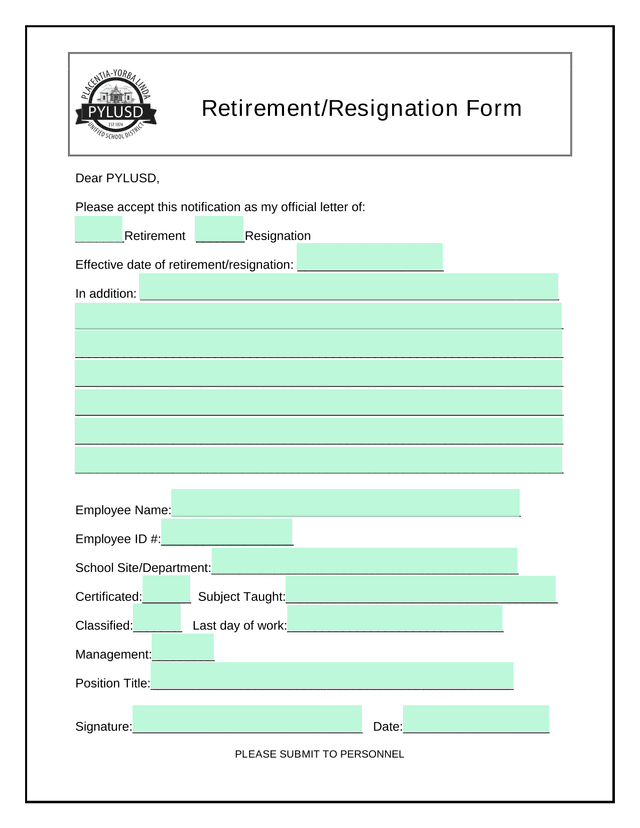 RetirementResignation Form screenshot