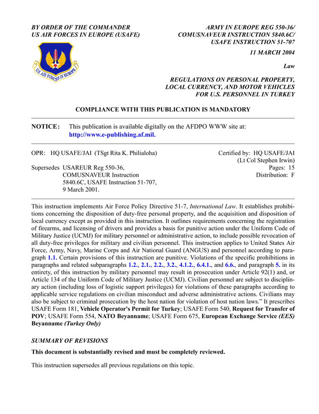 Regulations On Personal Property, Local Currency, And Motor Vehicles For U.S. Personnel In Turkey screenshot