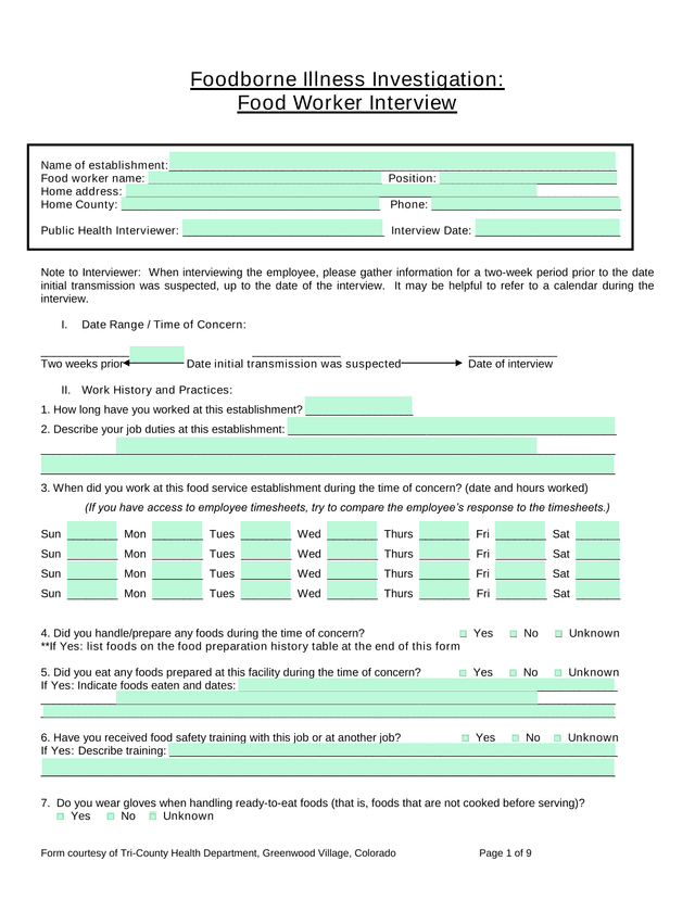 Foodborne Illness Investigation Food Worker Interview screenshot