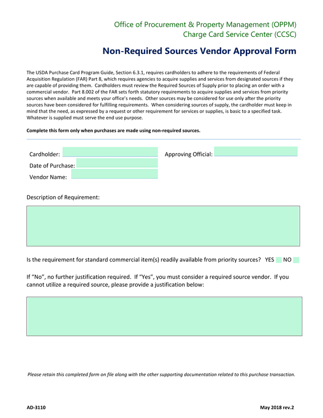 Non Required Sources Vendor Approval Form screenshot