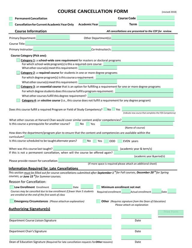 Course Cancellation Form screenshot