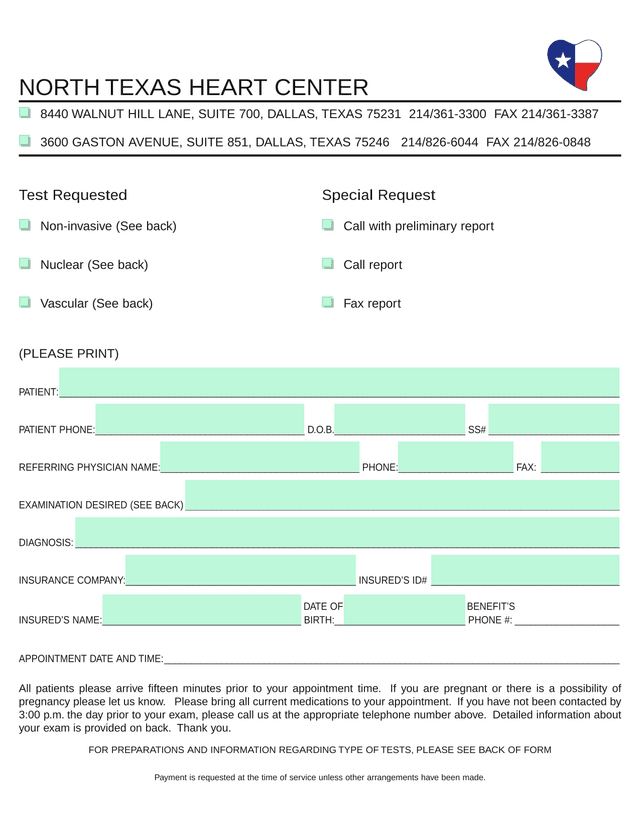North Texas Heart Center Medical Test Request Form screenshot