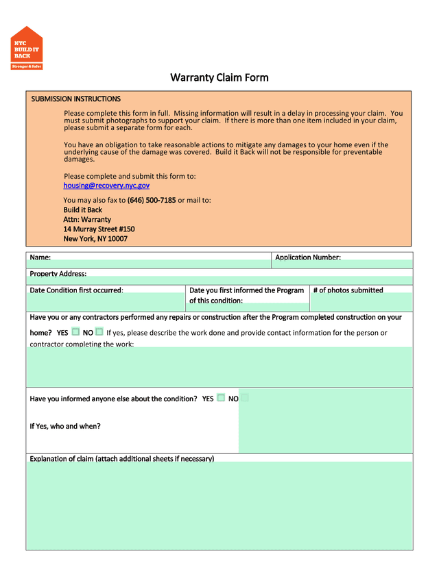Warranty Claim Form screenshot