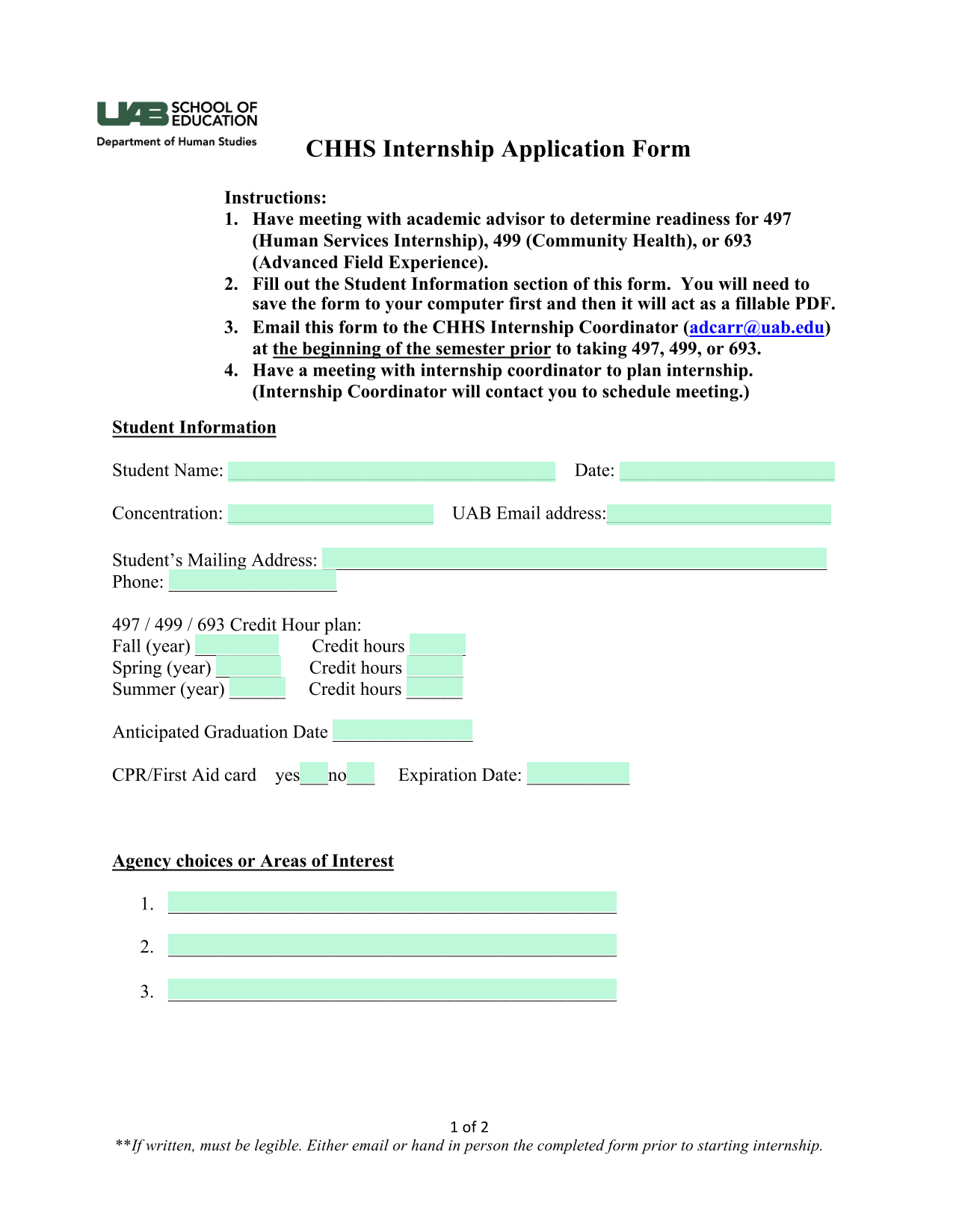 CHHS Internship Application Form screenshot