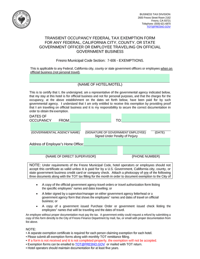 Transient Occupancy Federal Tax Exemption Form screenshot