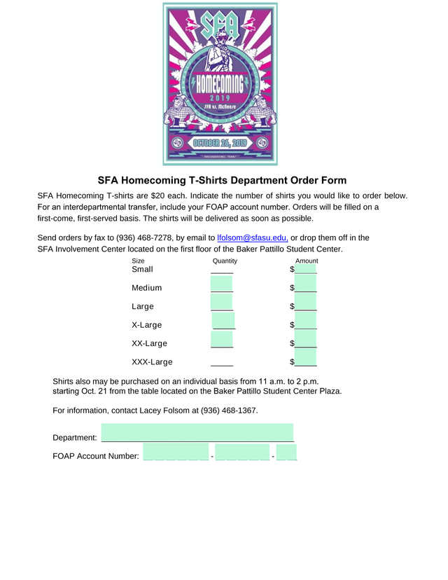 SFA Homecoming T Shirts Department Order Form screenshot