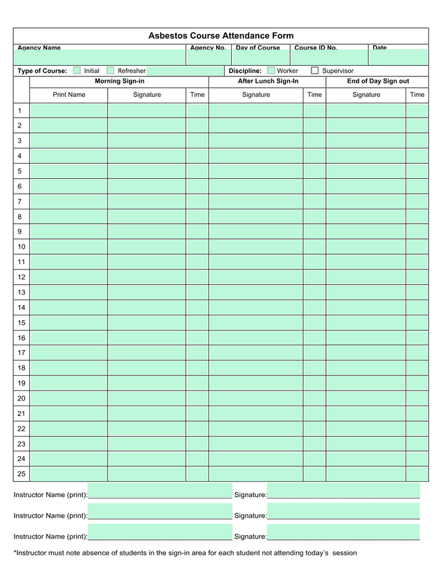 Asbestos Course Attendance Form screenshot