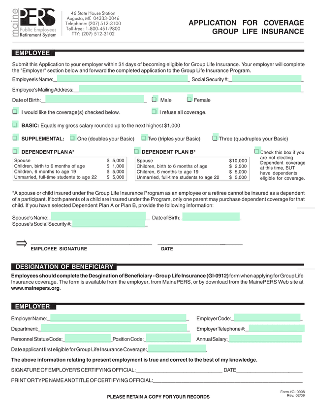 Group Life Insurance Application screenshot