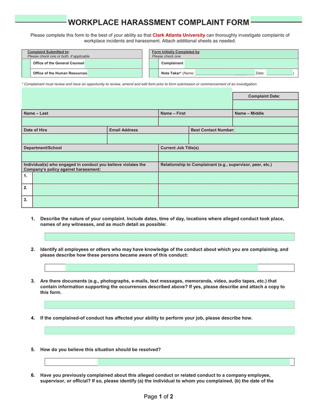 Workplace Harassment Complaint Form screenshot