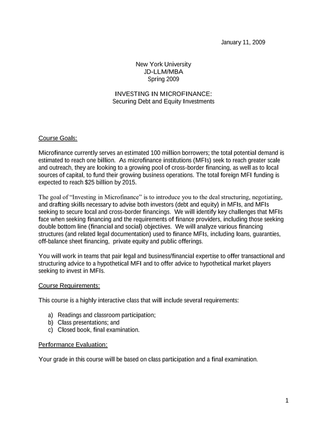 JD LLMMBA Investing In Microfinance Course Syllabus screenshot