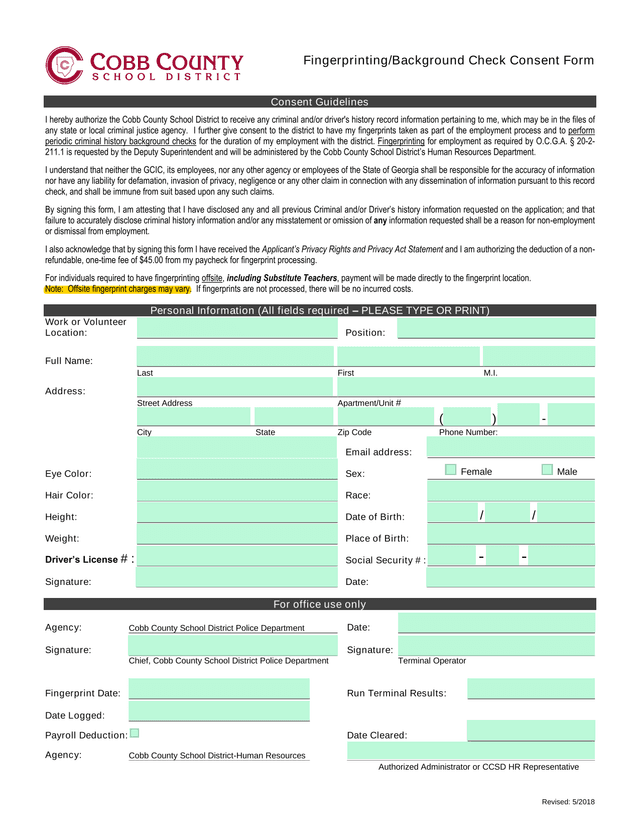 FingerprintingBackground Check Consent Form screenshot