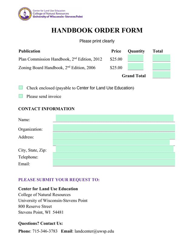 Handbook Order Form screenshot