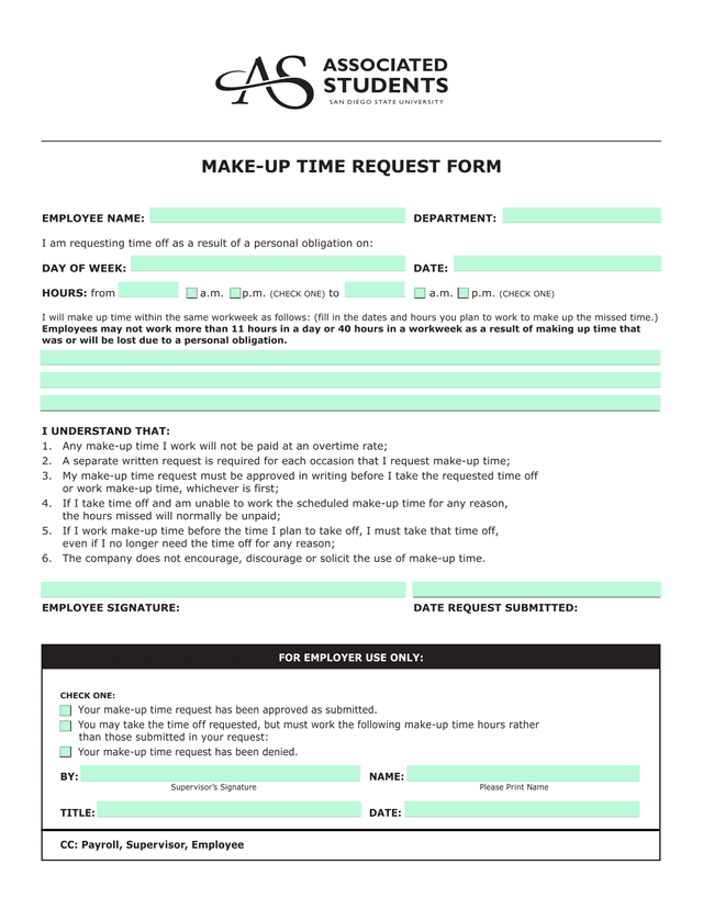 Make Up Time Request Form screenshot