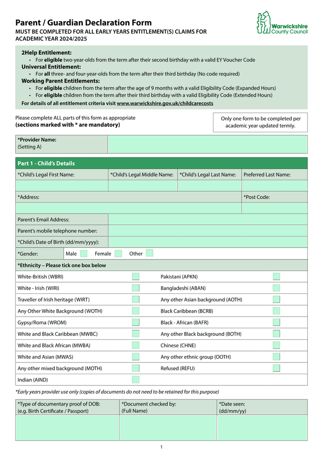 Parent  Guardian Declaration Form screenshot