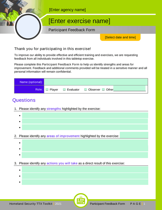 Homeland Security TTX Toolkit Participant Feedback Form screenshot